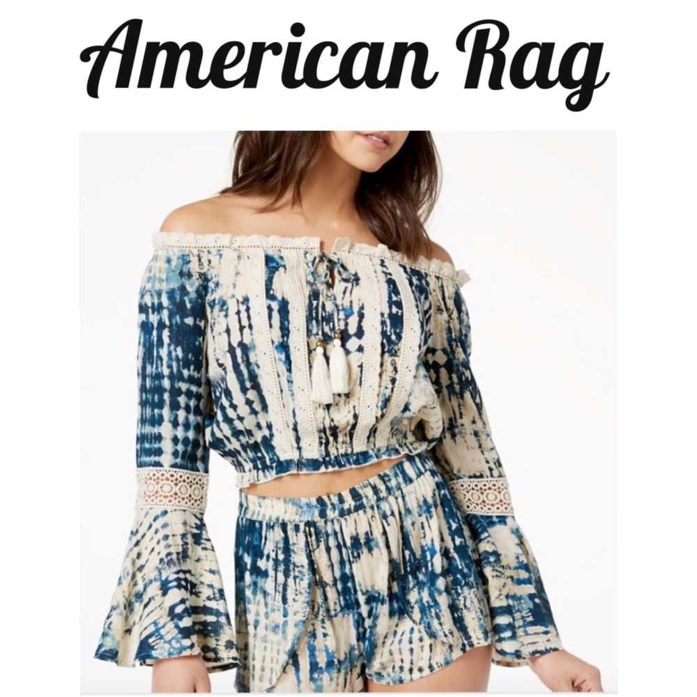 American Rag Jr's Off The Shoulder Blue Tie-Dye Lace Crop Top w/ Bell Sleeves M